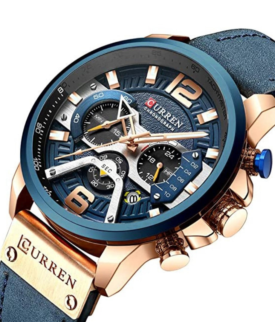 Curren Montre-bracelet à quartz analogique pour homme avec trois sous-cadrans, affichage de la date, bracelet en cuir, bleu
